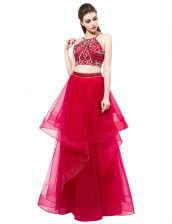  High-neck Sleeveless Zipper Prom Dress Red Organza