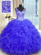  Purple Ball Gowns Organza V-neck Sleeveless Beading and Ruffles Floor Length Zipper 15 Quinceanera Dress