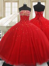  Floor Length Red Quince Ball Gowns Tulle Sleeveless Beading