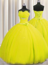  Handcrafted Flower Tulle Strapless Sleeveless Lace Up Beading and Sequins and Hand Made Flower Sweet 16 Quinceanera Dress in Yellow