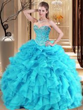 Exquisite Aqua Blue and Turquoise Lace Up Sweetheart Beading and Ruffles Vestidos de Quinceanera Organza Sleeveless