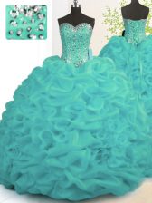 Pretty Brush Train Ball Gowns Quince Ball Gowns Turquoise Sweetheart Organza Sleeveless With Train Lace Up