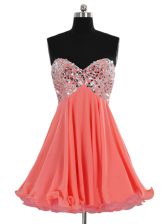  Watermelon Red A-line Chiffon Sweetheart Sleeveless Beading Mini Length Lace Up Prom Evening Gown