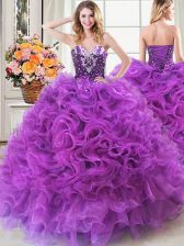 Traditional Eggplant Purple Organza Lace Up 15 Quinceanera Dress Sleeveless Floor Length Beading and Ruffles