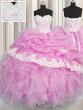 Most Popular Pink Ball Gowns Beading and Appliques and Ruffles and Pick Ups Quinceanera Dress Lace Up Organza Sleeveless Floor Length