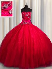 Traditional Sequined Red Sweetheart Lace Up Beading and Appliques Sweet 16 Dresses Sleeveless