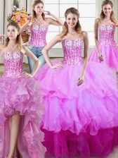  Four Piece Multi-color Ball Gowns Sweetheart Sleeveless Organza Floor Length Lace Up Ruffles and Sequins Quinceanera Gowns