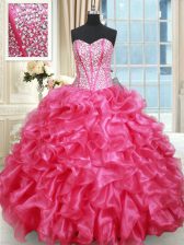  Sleeveless Floor Length Beading and Ruffled Layers Lace Up Sweet 16 Quinceanera Dress with Hot Pink