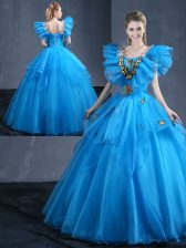  Sleeveless Lace Up Floor Length Appliques and Ruffles Ball Gown Prom Dress