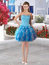 Exceptional Baby Blue Organza Lace Up Homecoming Dress Sleeveless Mini Length Beading and Ruffles