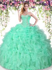 Cheap Floor Length Lace Up Quinceanera Gown Apple Green for Military Ball and Sweet 16 and Quinceanera with Beading and Ruffles