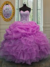 Colorful Lilac Ball Gowns Organza Sweetheart Sleeveless Beading and Ruffles and Pick Ups Floor Length Lace Up Quinceanera Gowns
