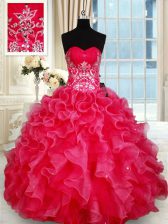  Red Sweetheart Neckline Beading and Ruffles Quince Ball Gowns Sleeveless Lace Up