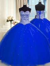 Fine Sleeveless Tulle Floor Length Backless Quinceanera Gown in Royal Blue with Beading and Sequins
