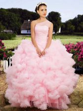  Ball Gowns Quinceanera Dress Baby Pink One Shoulder Tulle Sleeveless Floor Length Lace Up