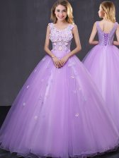 Simple Sleeveless Tulle Floor Length Lace Up Vestidos de Quinceanera in Lavender with Lace and Appliques