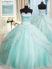  With Train Apple Green Sweet 16 Quinceanera Dress Tulle Brush Train Sleeveless Beading