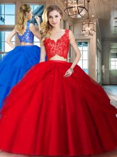  Red Two Pieces Tulle V-neck Sleeveless Lace and Ruffled Layers Floor Length Zipper 15th Birthday Dress
