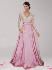 High Quality Pink And White Long Sleeves Floor Length Beading and Belt Zipper Prom Gown