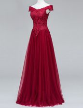 Hot Selling Wine Red Tulle Zipper V-neck Short Sleeves Floor Length Prom Dresses Lace