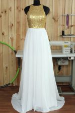  Scoop Backless Prom Party Dress White for Prom with Sequins Sweep Train