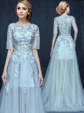 Suitable Scoop Light Blue Half Sleeves Tulle Brush Train Zipper Prom Gown for Prom