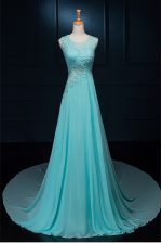  Scoop Baby Blue Sleeveless Brush Train Beading and Appliques With Train Prom Gown