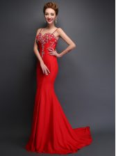 Mermaid Sleeveless With Train Beading Zipper Prom Party Dress with Red Brush Train