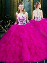  Scoop Fuchsia Sleeveless Lace and Ruffles Floor Length Quinceanera Dresses