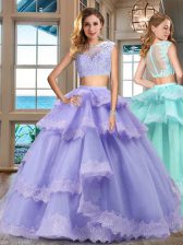  Ruffled Bateau Cap Sleeves Zipper Quinceanera Dresses Lavender Tulle