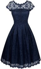 Sophisticated Scalloped Lace Prom Party Dress Navy Blue Zipper Short Sleeves Tea Length