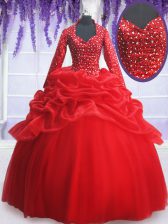  Red Long Sleeves Beading and Sequins and Pick Ups Floor Length Quinceanera Gown
