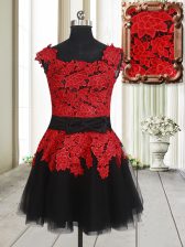 Excellent Red And Black Tulle Zipper Square Sleeveless Mini Length Prom Dress Appliques