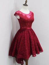  Beading and Lace Dama Dress Wine Red Zipper Cap Sleeves High Low