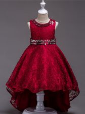  Wine Red Lace Up Scoop Beading Kids Pageant Dress Lace Sleeveless