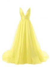  Organza V-neck Sleeveless Brush Train Backless Ruching Prom Party Dress in Yellow