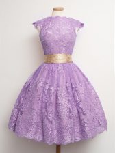  Lavender Lace Up High-neck Belt Quinceanera Dama Dress Lace Cap Sleeves