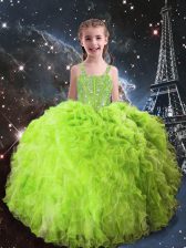  Organza Sleeveless Floor Length Kids Pageant Dress and Beading and Ruffles