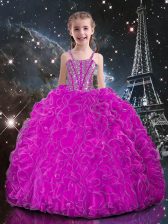  Organza Straps Sleeveless Lace Up Beading and Ruffles Little Girl Pageant Gowns in Fuchsia