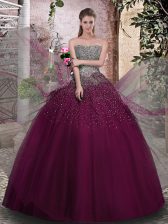  Ball Gowns Vestidos de Quinceanera Purple Strapless Tulle Sleeveless Floor Length Lace Up