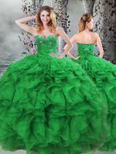 Pretty Green Sweet 16 Dress Military Ball and Sweet 16 and Quinceanera with Beading and Ruffles Sweetheart Sleeveless Lace Up