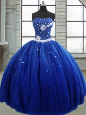 Royal Blue Strapless Neckline Beading Sweet 16 Dresses Sleeveless Lace Up