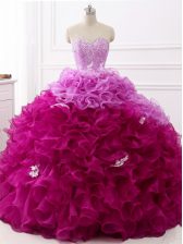  Sleeveless Organza Brush Train Lace Up Quinceanera Gown in Multi-color with Beading and Appliques and Ruffles
