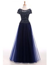 Luxury Navy Blue Short Sleeves Floor Length Beading Lace Up Homecoming Dress
