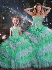 Latest Floor Length Lace Up Quince Ball Gowns Multi-color for Military Ball and Sweet 16 and Quinceanera with Beading and Ruffled Layers
