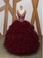  Burgundy Sleeveless Beading and Ruffles Floor Length Ball Gown Prom Dress