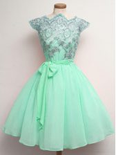 Romantic Apple Green Cap Sleeves Chiffon Lace Up Dama Dress for Prom and Party and Wedding Party
