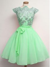 On Sale Scalloped Cap Sleeves Lace Up Dama Dress for Quinceanera Apple Green Chiffon