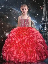 Cute Organza Straps Sleeveless Lace Up Beading and Ruffles Little Girls Pageant Dress Wholesale in Coral Red