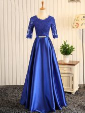  Blue A-line Elastic Woven Satin Scoop Half Sleeves Embroidery and Belt Floor Length Zipper Prom Dress